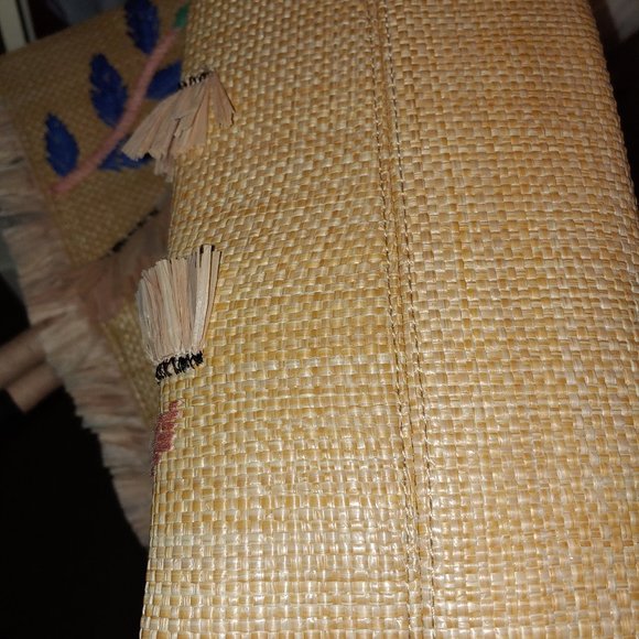 Stella & Dot Embroidered Palm Straw Fringed Tote With Rope Handles - Picture 6 of 11